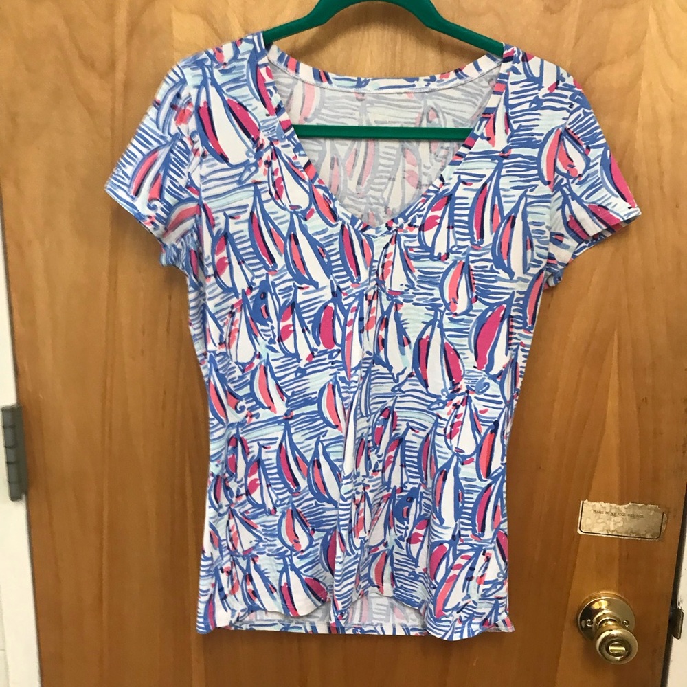 Lilly Pulitzer Blue Pink Sailboat-Print Short Sleeve Tee sz M